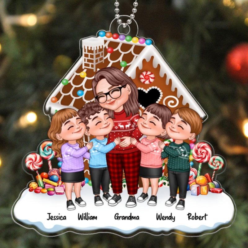 Cartoon Grandma & Grandkids Hugging Gingerbread House Personalized Acrylic Ornament