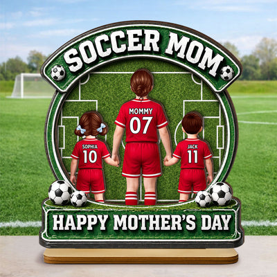 Soccer Mom Back View And Kids - Personalized 2-Layered Wooden Plaque - Heartfelt Gift For Soccer Mom, Gift For Wife