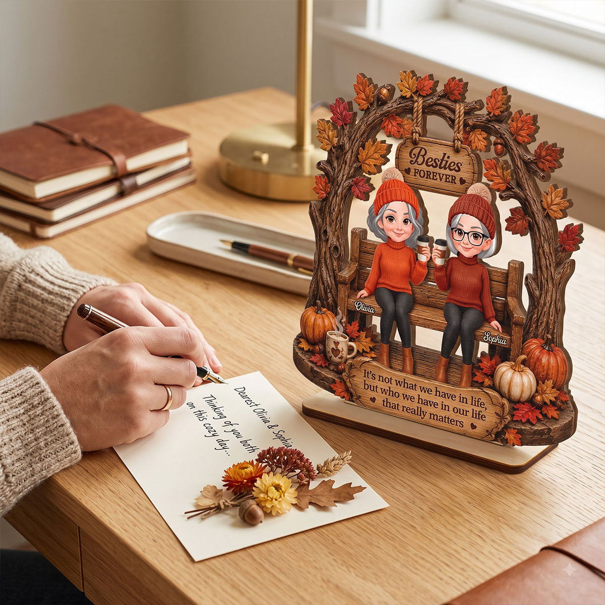 Fall Season Besties Under Tree Arch 2D Flat - Personalized Wooden Plaque - Fall Season Gift For Besties