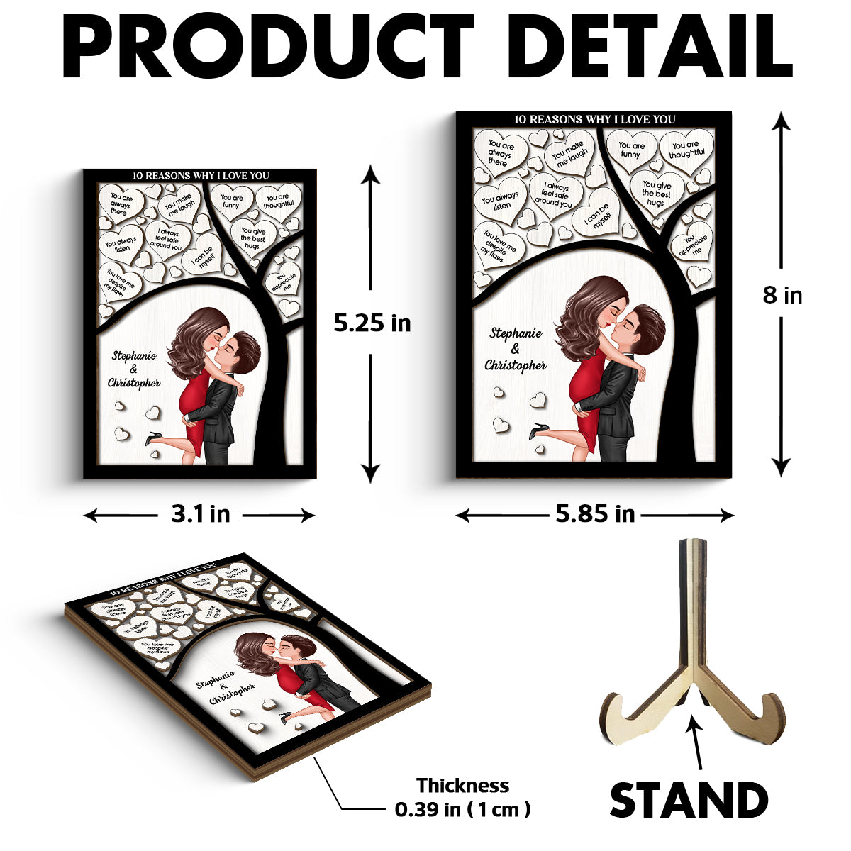 Reasons I Love You Couple Under Tree Hearts Personalized 2-layer Wooden Plaque