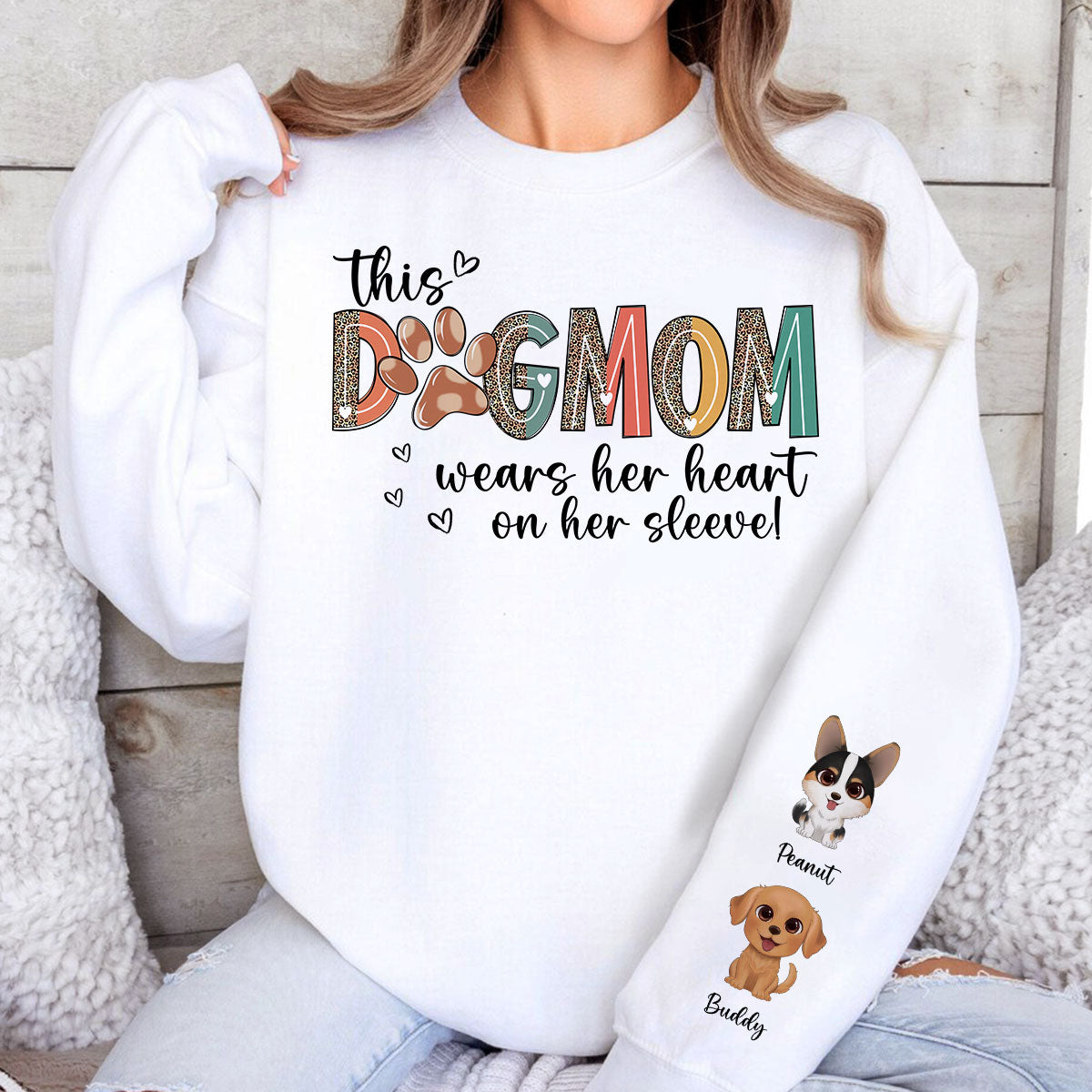 Dog Mom Wears Her Heart On Her Sleeve, Watercolor Cute Dog, Gift For Dog Mom, Personalized Sleeve Printed Sweatshirt