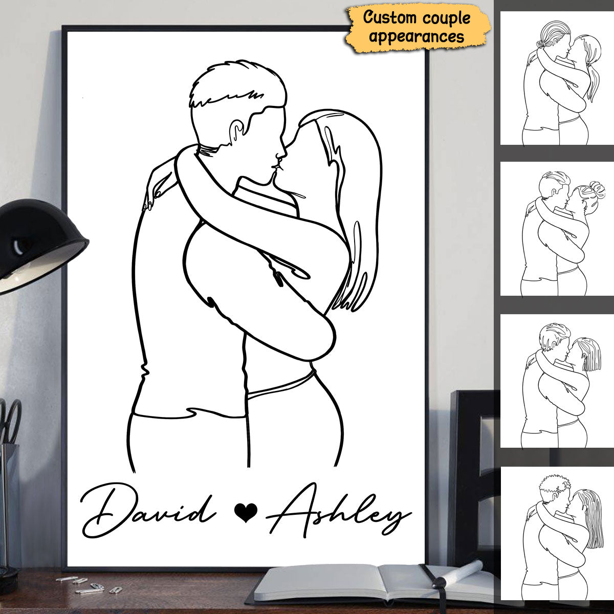 Couple Kissing Outline Valentine‘s Day Gift For Him For Her Personalized Poster
