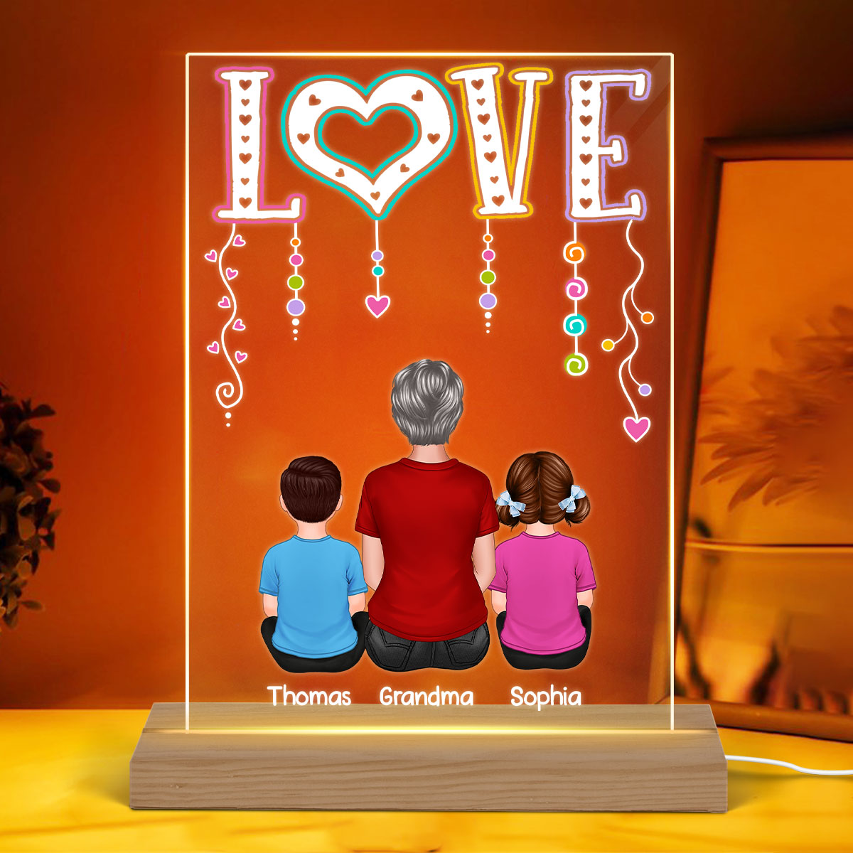 LOVE Back View Grandma Mom With Kids Sitting Personalized Rectangle Acrylic Plaque LED Night Light