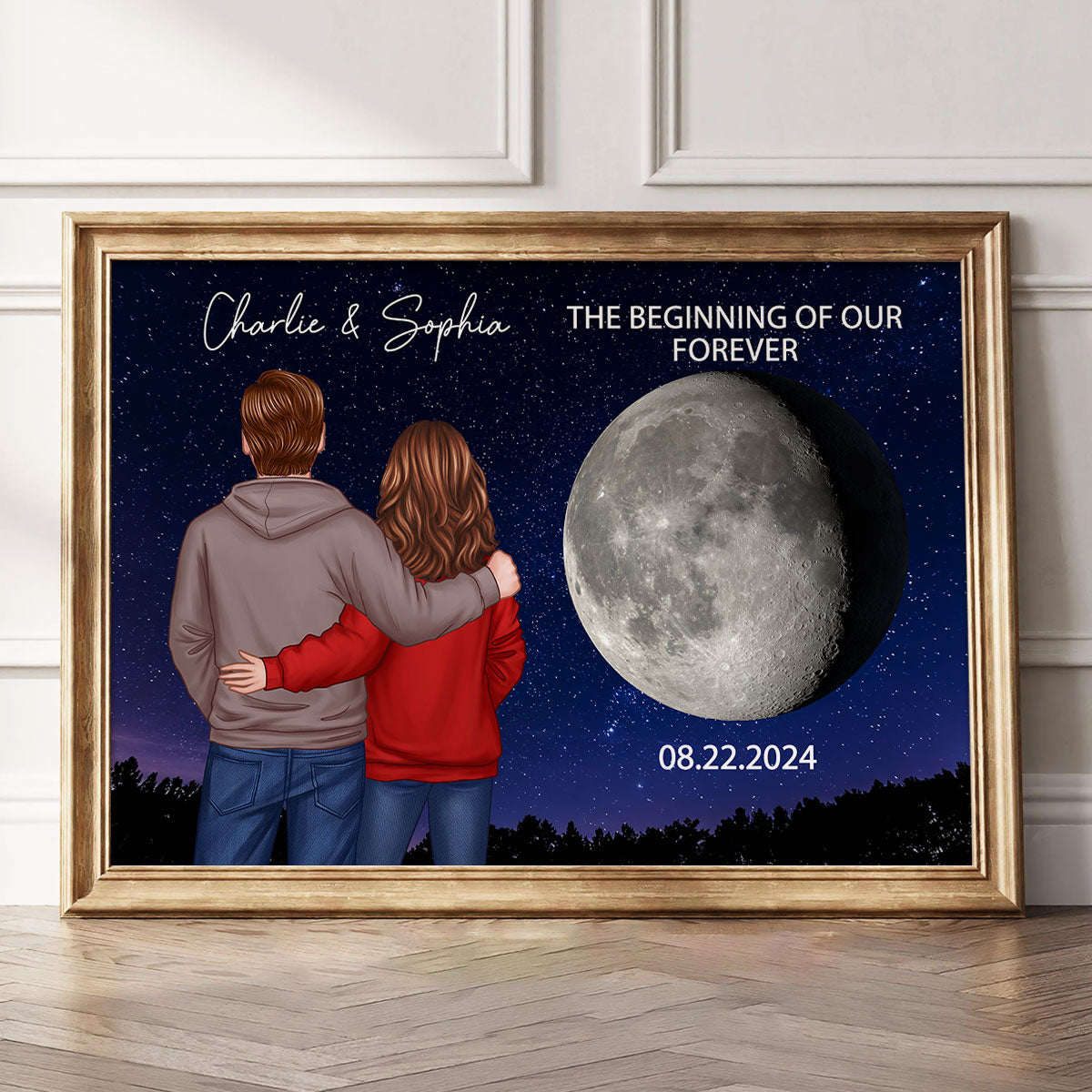 Back View Couple Custom Moon Phases The Day We Met Personalized Poster, Heartfelt Gift For Couple, For Him, For Her, Boyfriend, Girlfriend, Husband, Wife