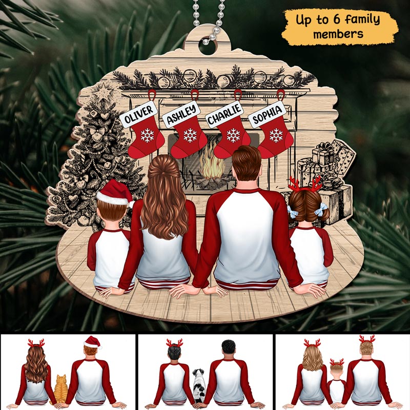 Pajamas Family Stocking Fireplace Sketch Personalized Wooden Ornament