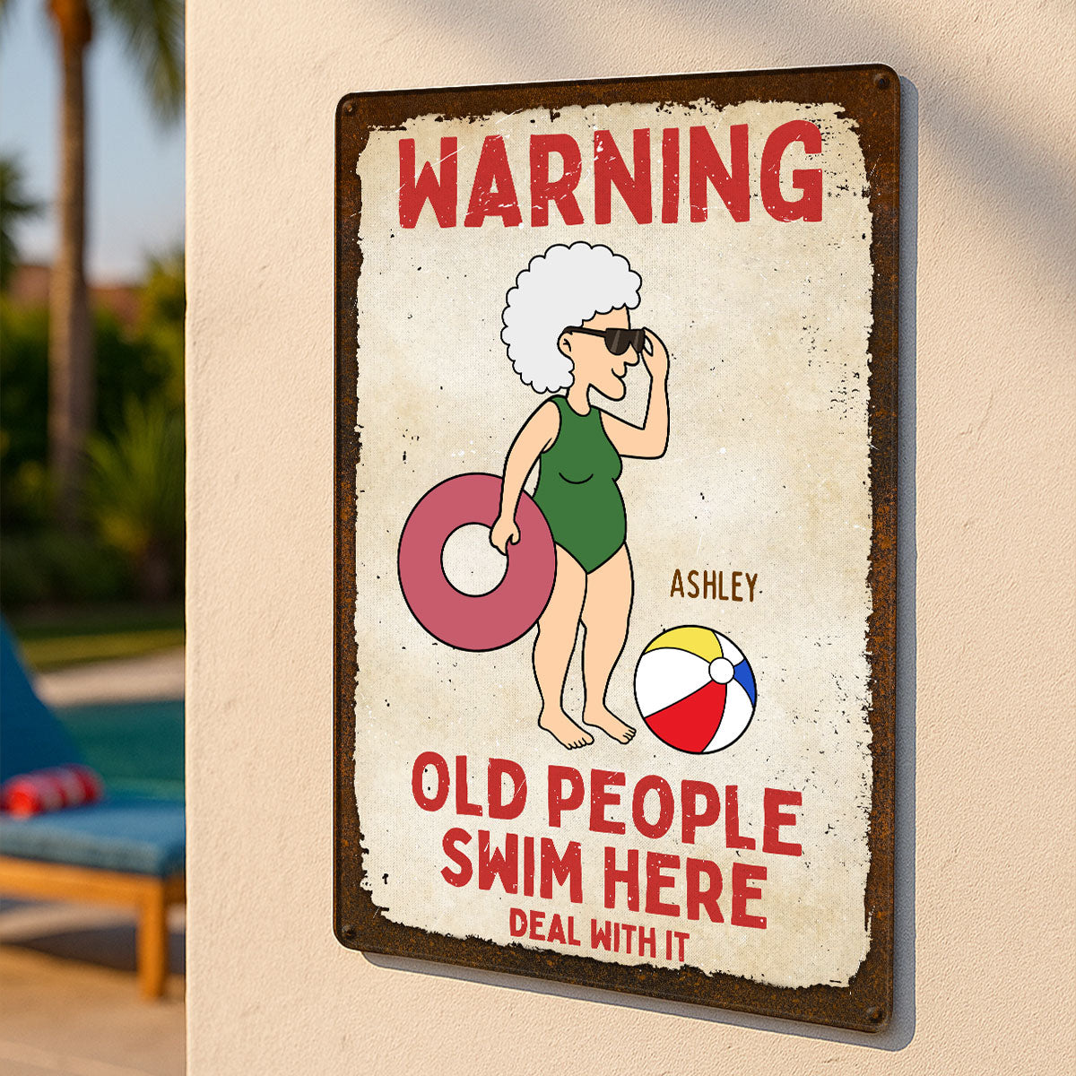 Warning Old People Swim Here Personalized Pool Metal Sign