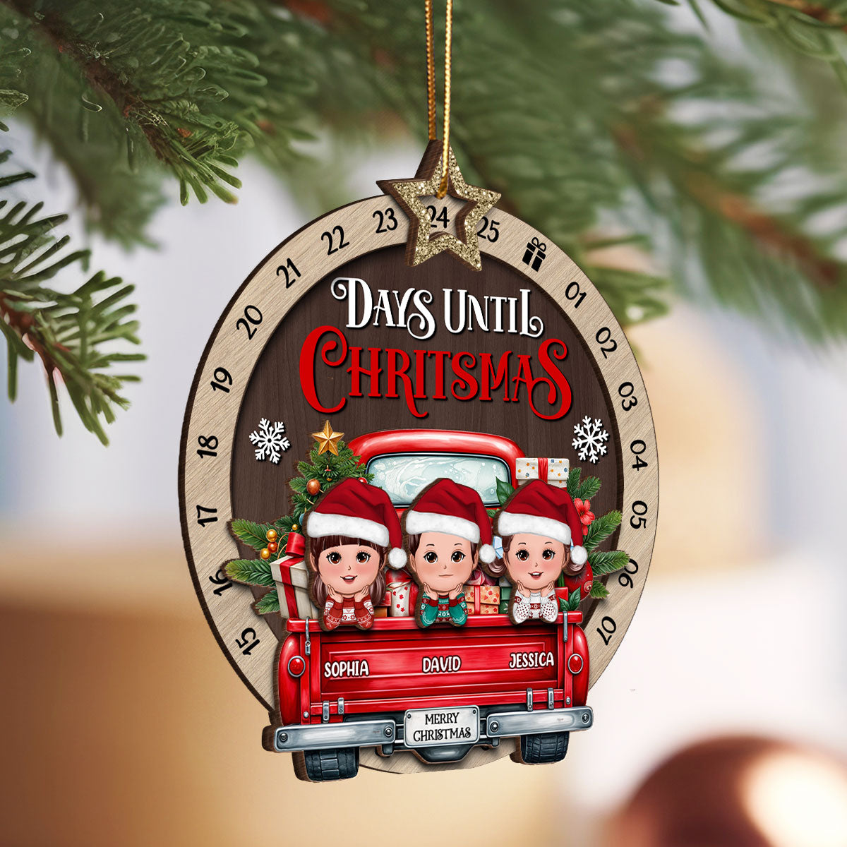 Kids On Christmas Truck Personalized Countdown Ornament