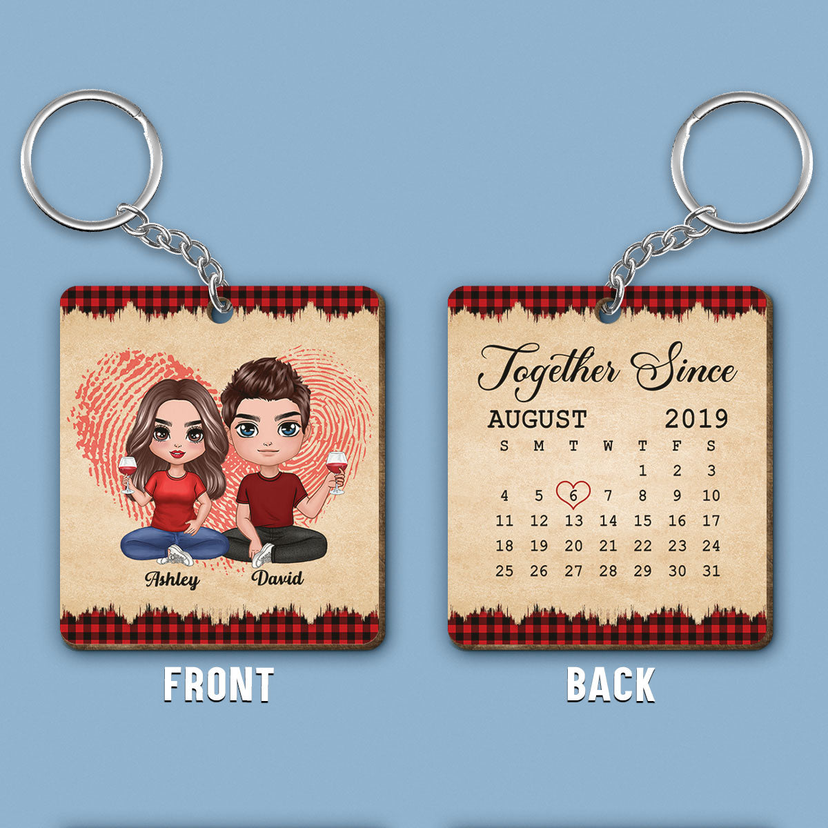 Fingerprint Doll Couple Sitting Checkered Pattern Calendar Anniversary Date Vintage Personalized Wooden Keychain