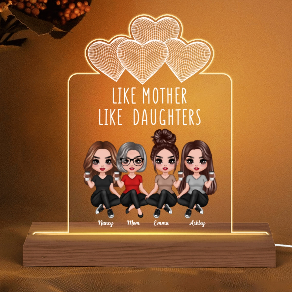Wireframe Hearts Doll Women Sitting Like Mother Like Daughter Personalized Custom Shape Acrylic Plaque LED Night Light