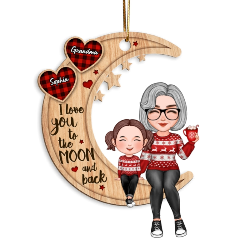 Checkered Pattern Heart Cute Grandma & Grandkid Sitting Crossed Legs On Moon Personalized Wooden Ornament