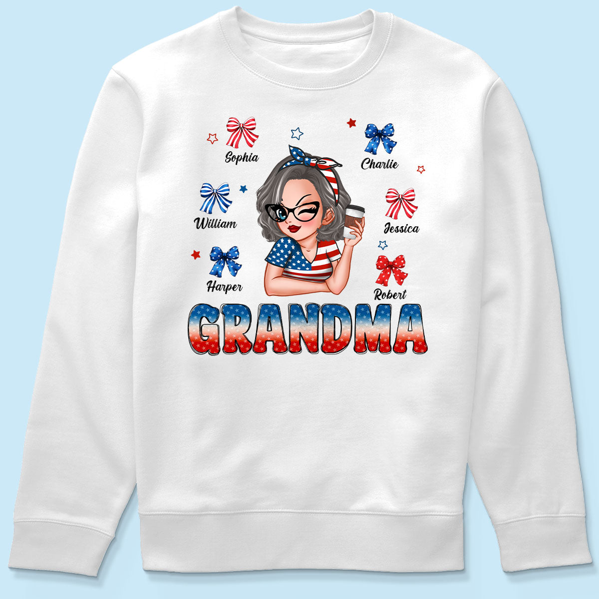 4th Of July Bows Coquette Grandma With Grandkids Names Personalized Shirt