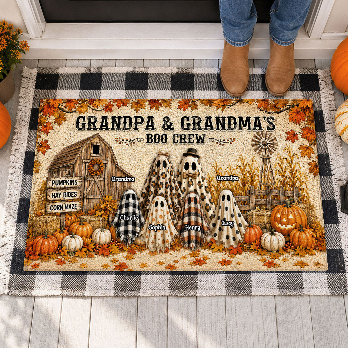 Halloween Rustic Barnhouse Grandpa & Grandma's Boo Crew - Personalized Doormat - Halloween Decor For Grandparents