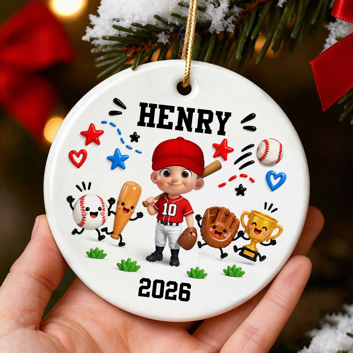 Cute Things Baseball Player 2D Flat Printed- Personalized Ceramic Ornament - Christmas Gift For Son, Grandson, Daughter, Granddaughter