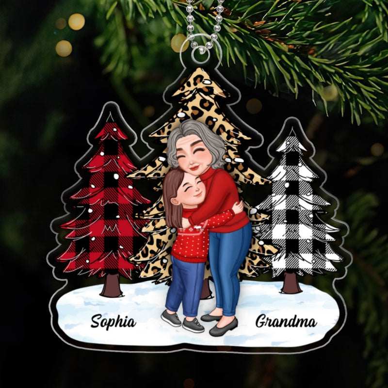 Grandma Hugging Grandkids Christmas Checkered Leopard Christmas Tree Gift For Grandkids Personalized Acrylic Ornament