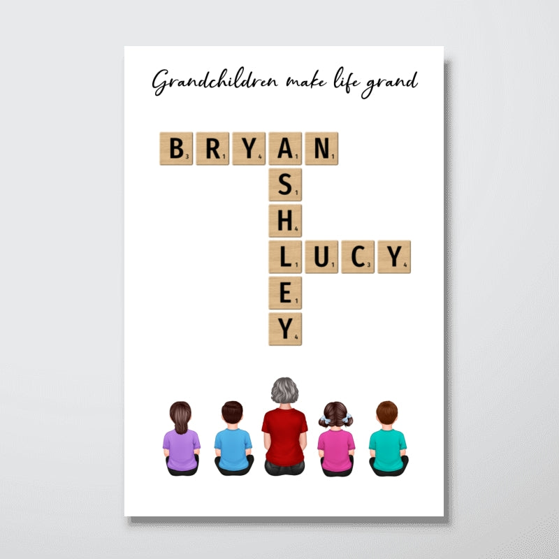 Our Grandchildren Names In Crossword Unique Gift For Grandma Grandpa Grandparents Back View Sitting Personalized Poster