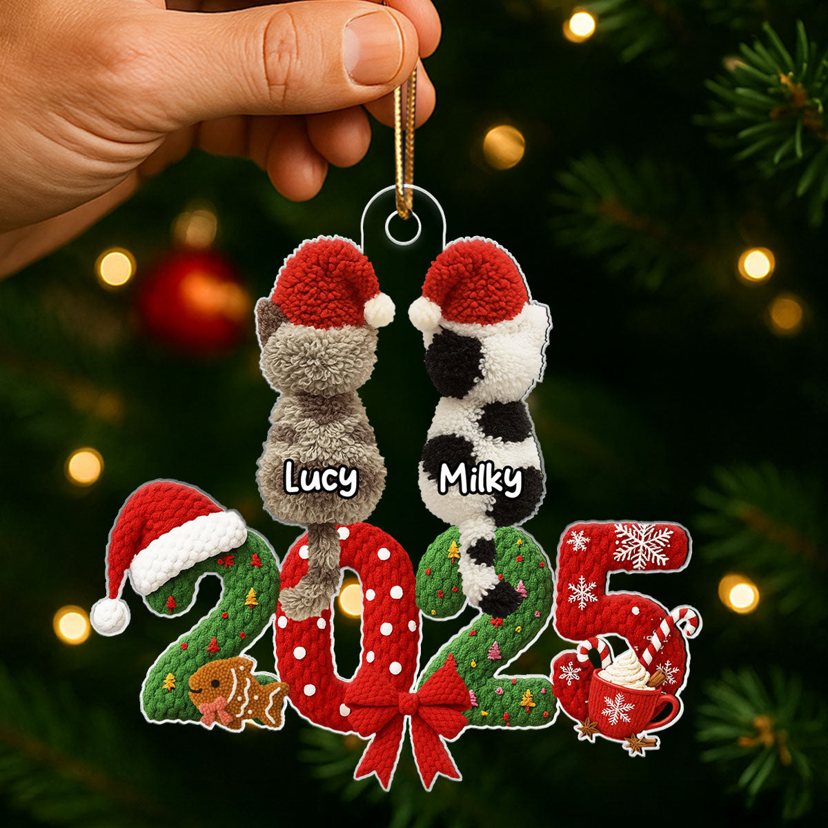 2025 Cat Lovers Latch Hook Yarn Faux - Personalized Acrylic Ornament - Christmas Gift for Cat Moms, Cat Dads