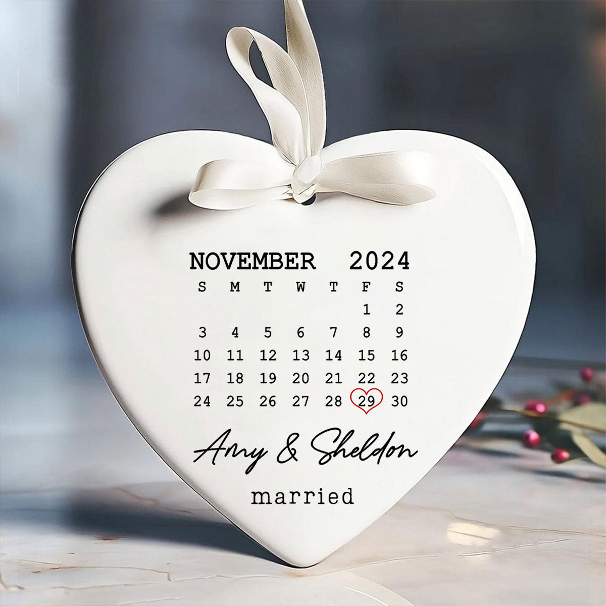 Couple Married Wedding Date Calendar Personalized Ceramic Heart Ornament, Wedding Gift,  Anniversary Gift, Our First Christmas, Newlywed Gift, Wedding Gift