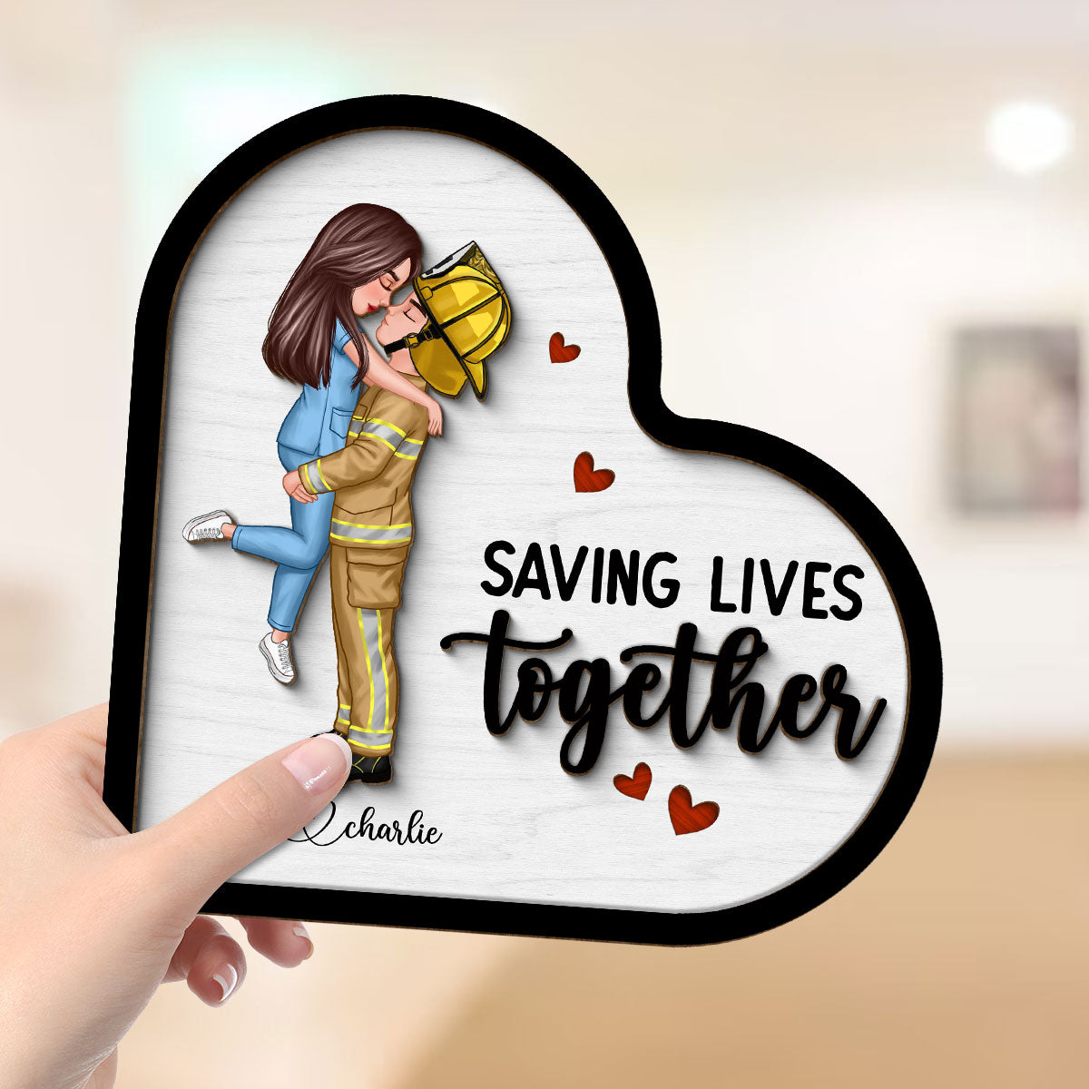 Saving Lives Together Couple Valentine‘s Day Gifts by Occupation Gift For Her Gift For Him Firefighter, Nurse, Police Officer Personalized 2-Layer Wooden Plaque