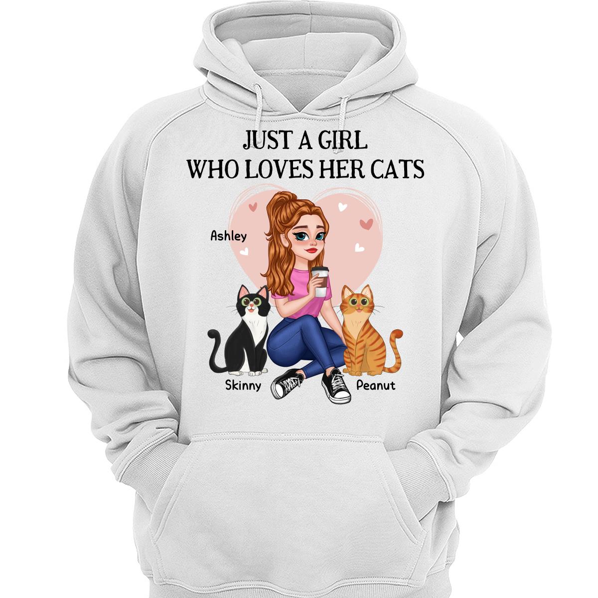 Just A Girl Who Loves Cats Pretty Cartoon Girl Sitting With Cats Personalized Shirt