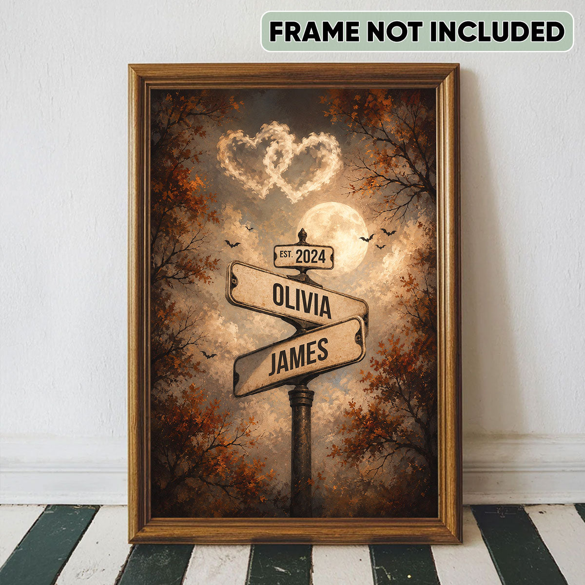Spooky Halloween Full Moon Couple Street Sign - Personalized Poster - Custom Name And Date, Gift for Him, for Her