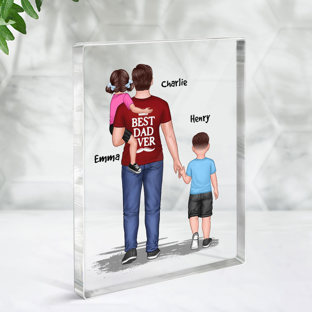 Dad Holding Kids Back View Personalized Vertical Recangle Acrylic Block Plaque