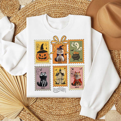 Cute Cats Retro Halloween Postage Stamp Sweatshirt – Cute & Spooky Fall Personalized Sweatshirt