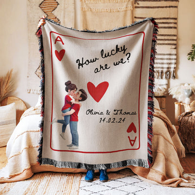 Retro Vintage Ace Playing Card Romantic Couple Hugging Kissing How Lucky Are We - Personalized Woven Blanket - Gift For Couple, For Him, For Her
