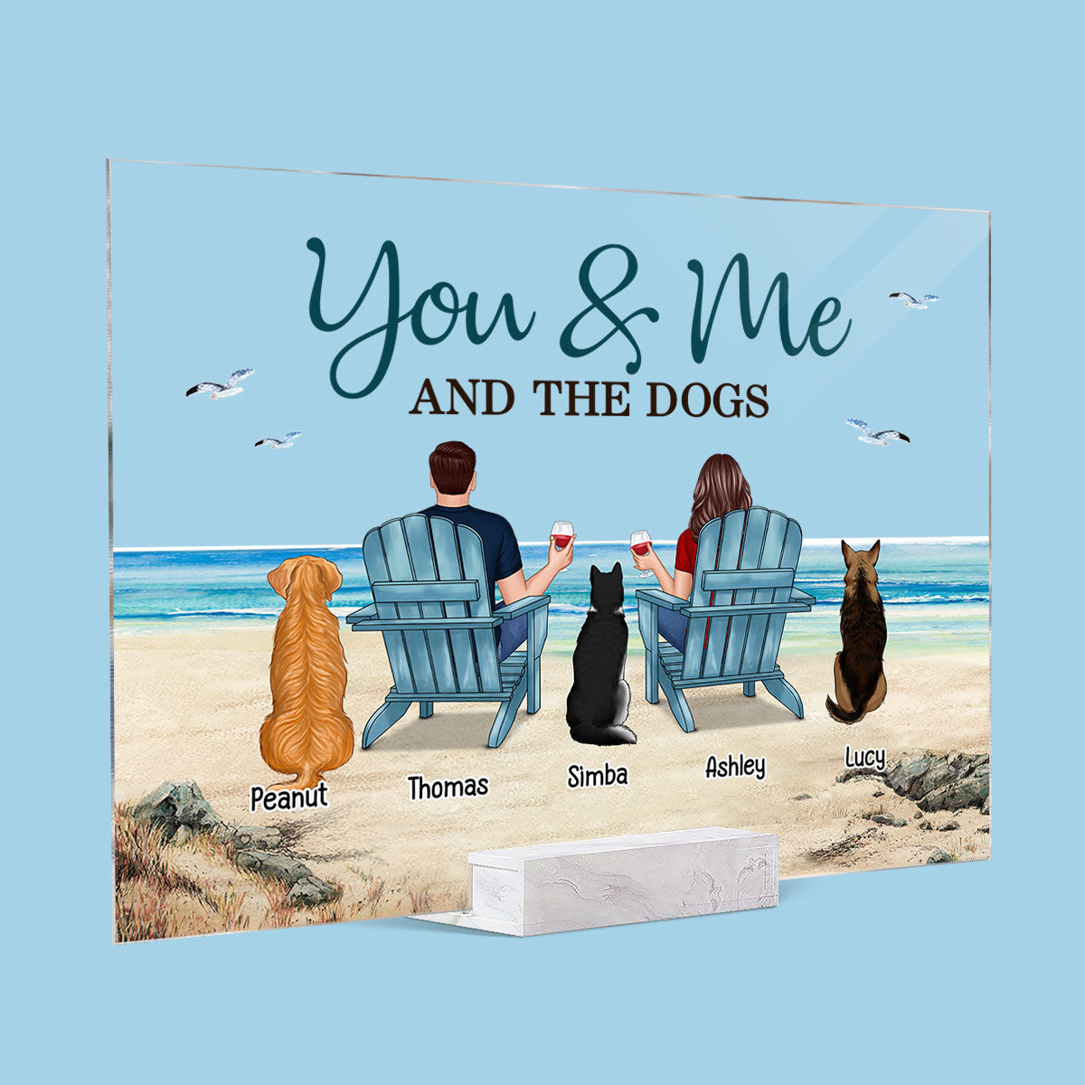 You Me & The Dogs Back View Couple Beach Landscape Personalized Acrylic Plaque