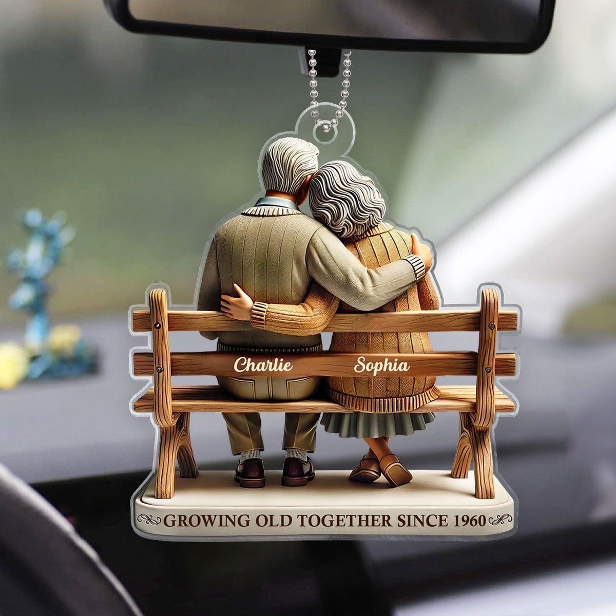 3D Effect Old Couple Sitting On Bench Growing Old Together Since Personalized Car Hanger Ornament, Heartfelt Gift For Couple, For Him, For Her, Husband, Wife