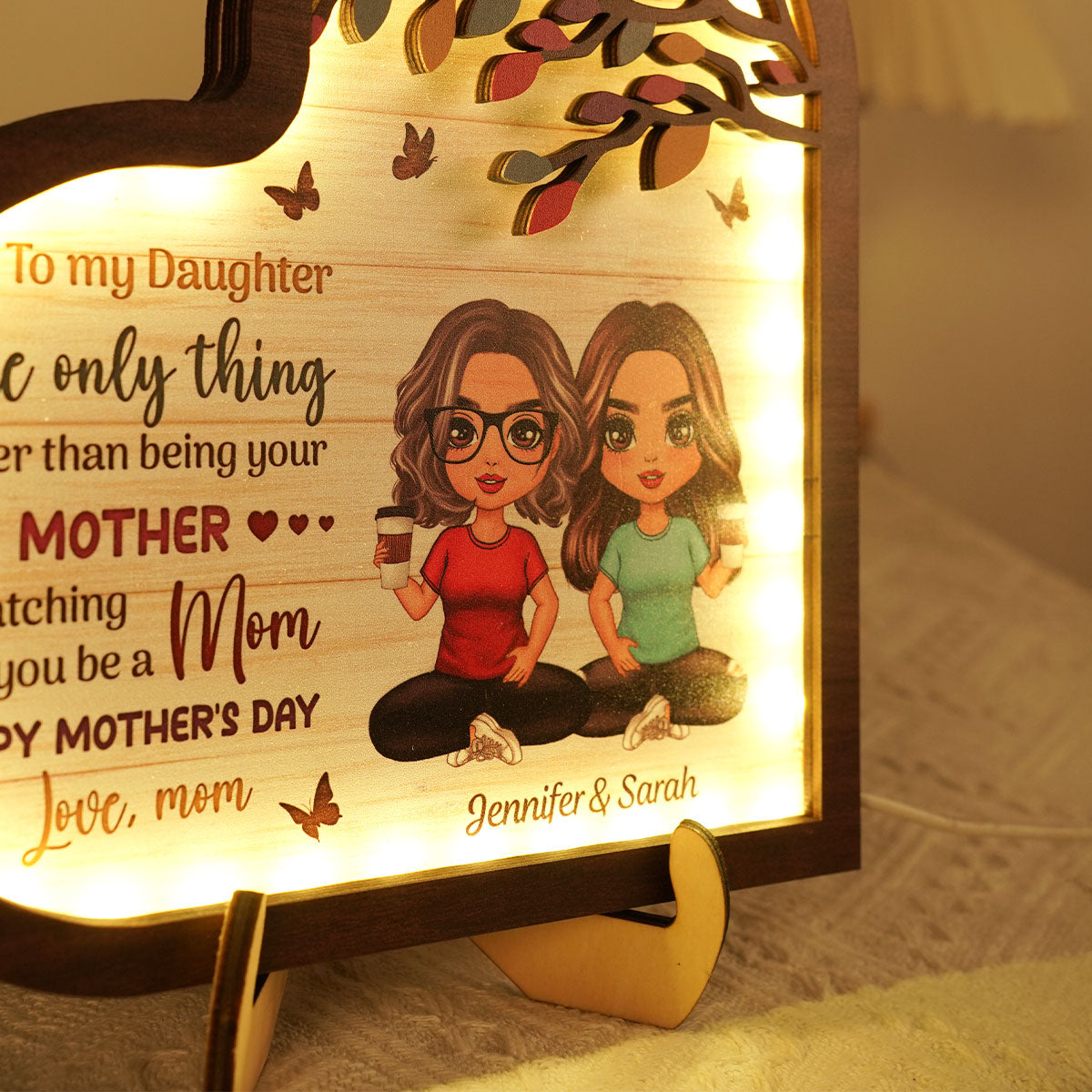 To My Daughter Gift From Mom Heart Personalized 2-Layered Wooden Plaque With LED