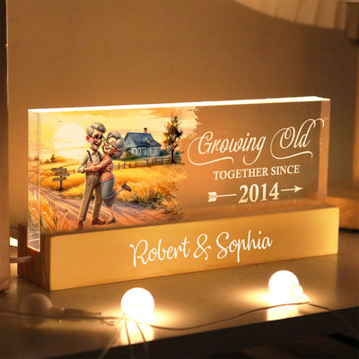 Happy Old Couple Vintage Farmhouse Personalized Acrylic Block LED Night Light, Anniversary  For Him, For Her, Husband, Wife