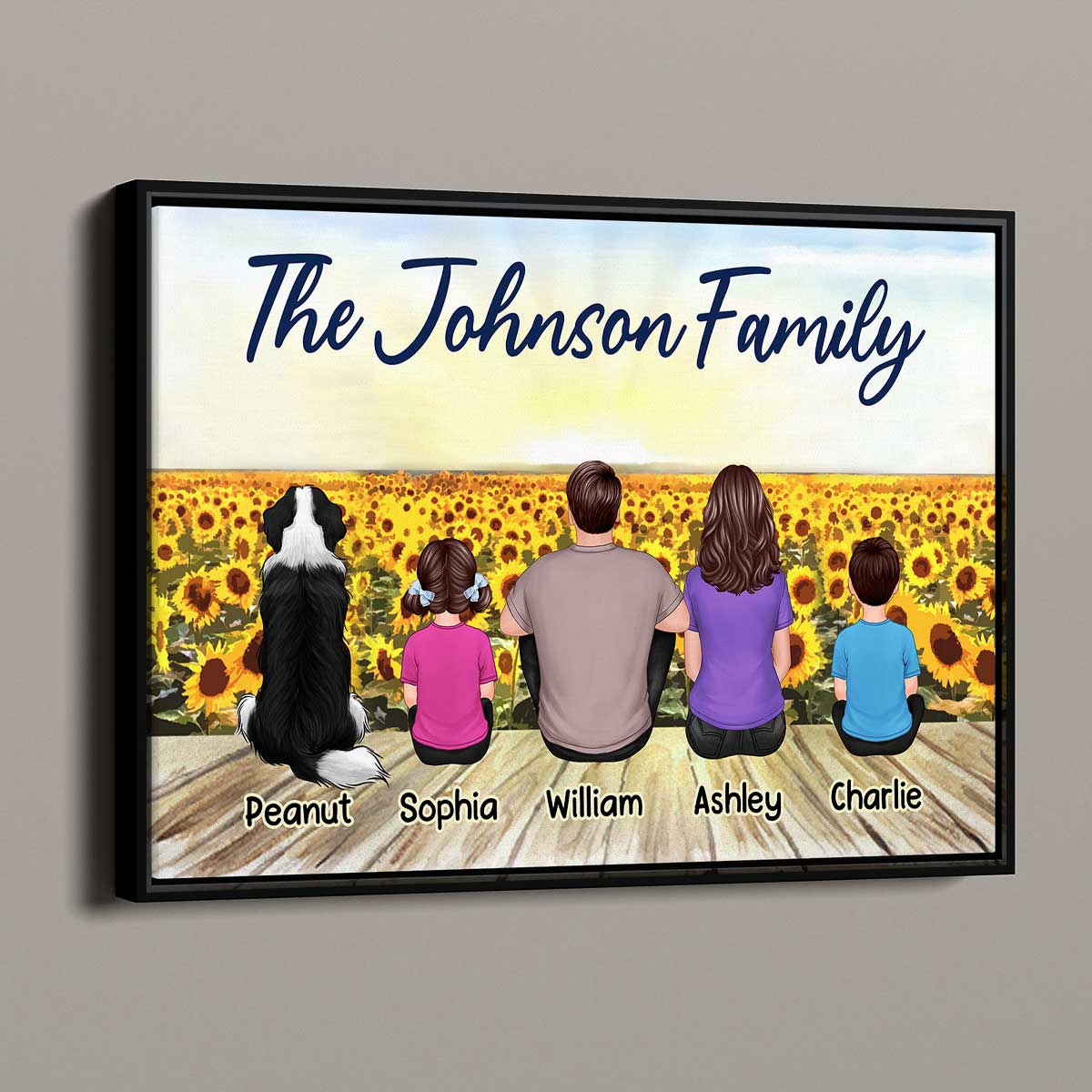 Family Sitting Back View Sunflower Field Dad Mom Kids Dog Cat Personalized Horizontal Poster