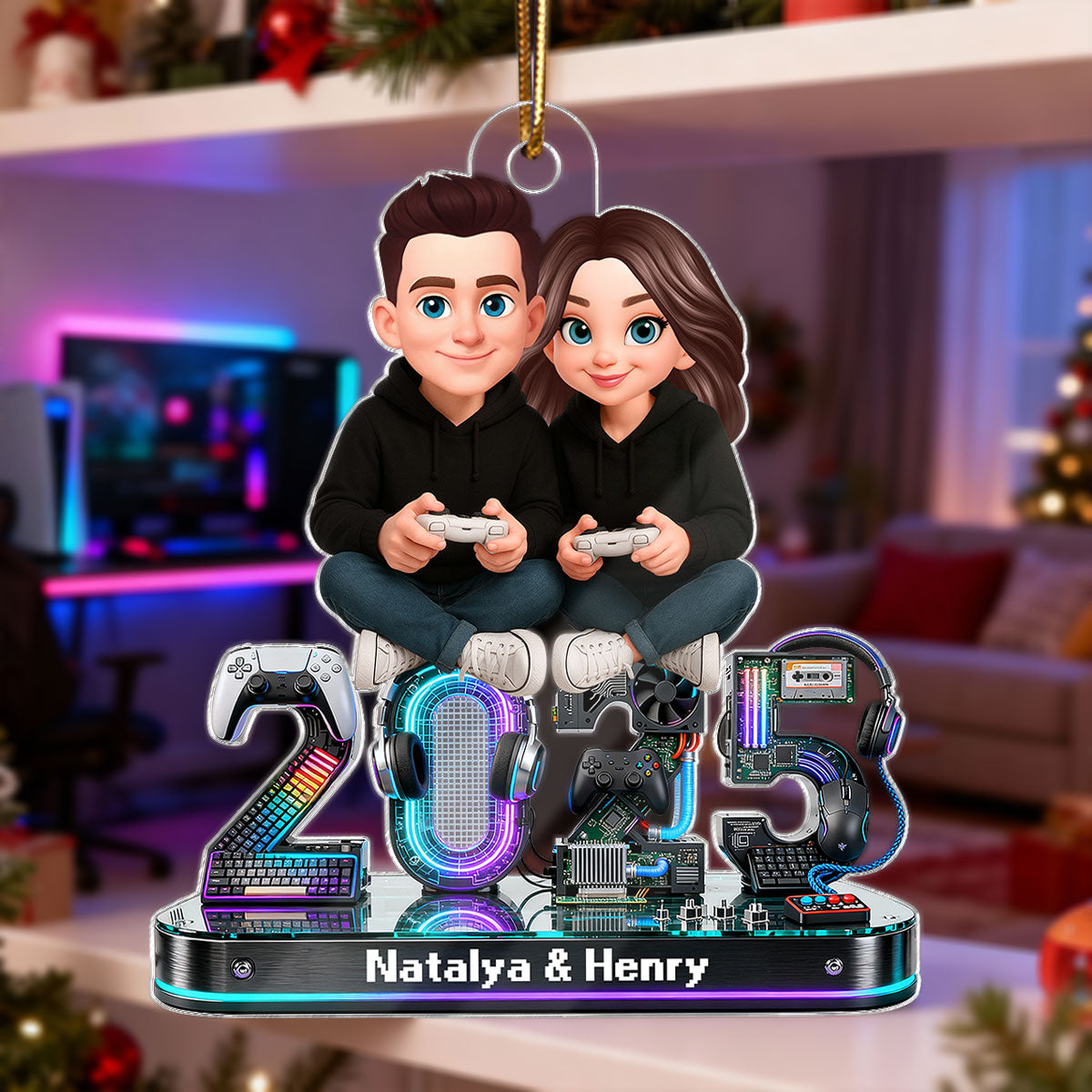 3D Effect Couple Gaming Forever 2 Player Mode Signature Symbols Christmas - Personalized Acrylic Ornament - Gift For Gaming Couple, Gift For Him, For Her