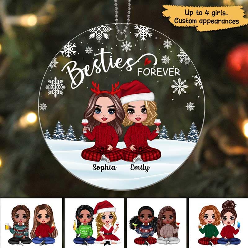 Doll Besties Sitting Snow Background Personalized Acrylic Ornament