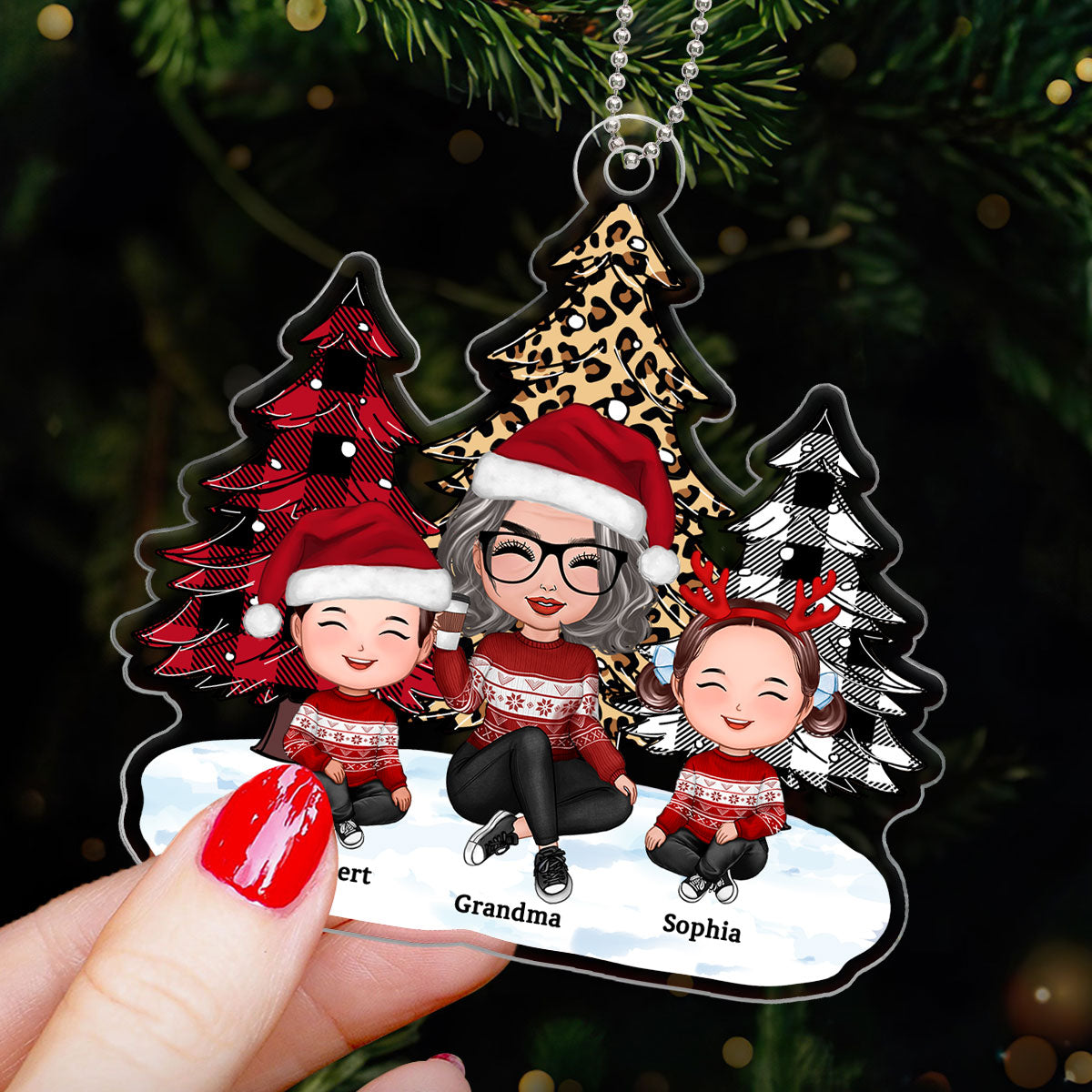 Leopard Checkered Pattern Tree Grandma Grandkids Happy Face Personalized Acrylic Ornament