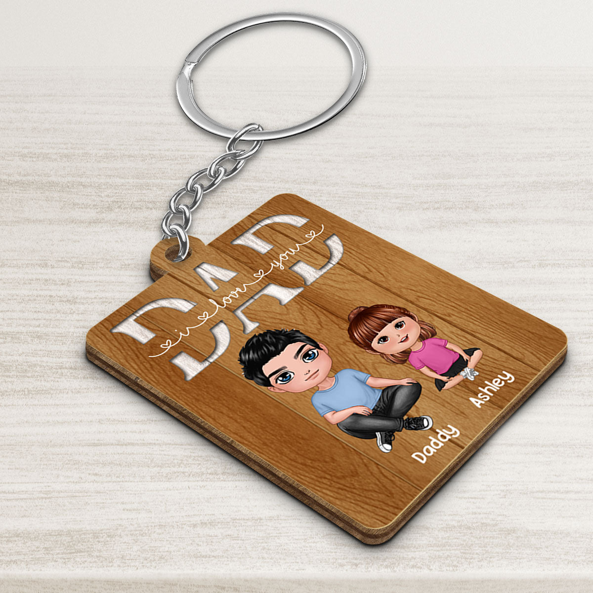 We Love You Dad Doll Dad Sitting Crossed Legs And Doll Kids Personalized Wooden Keychain