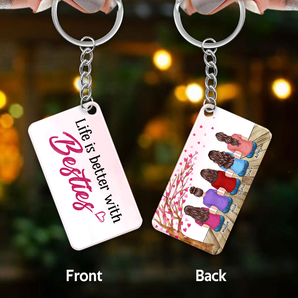 Besties Sisters Under The Pink Heart Tree Personalized Acrylic Keychain