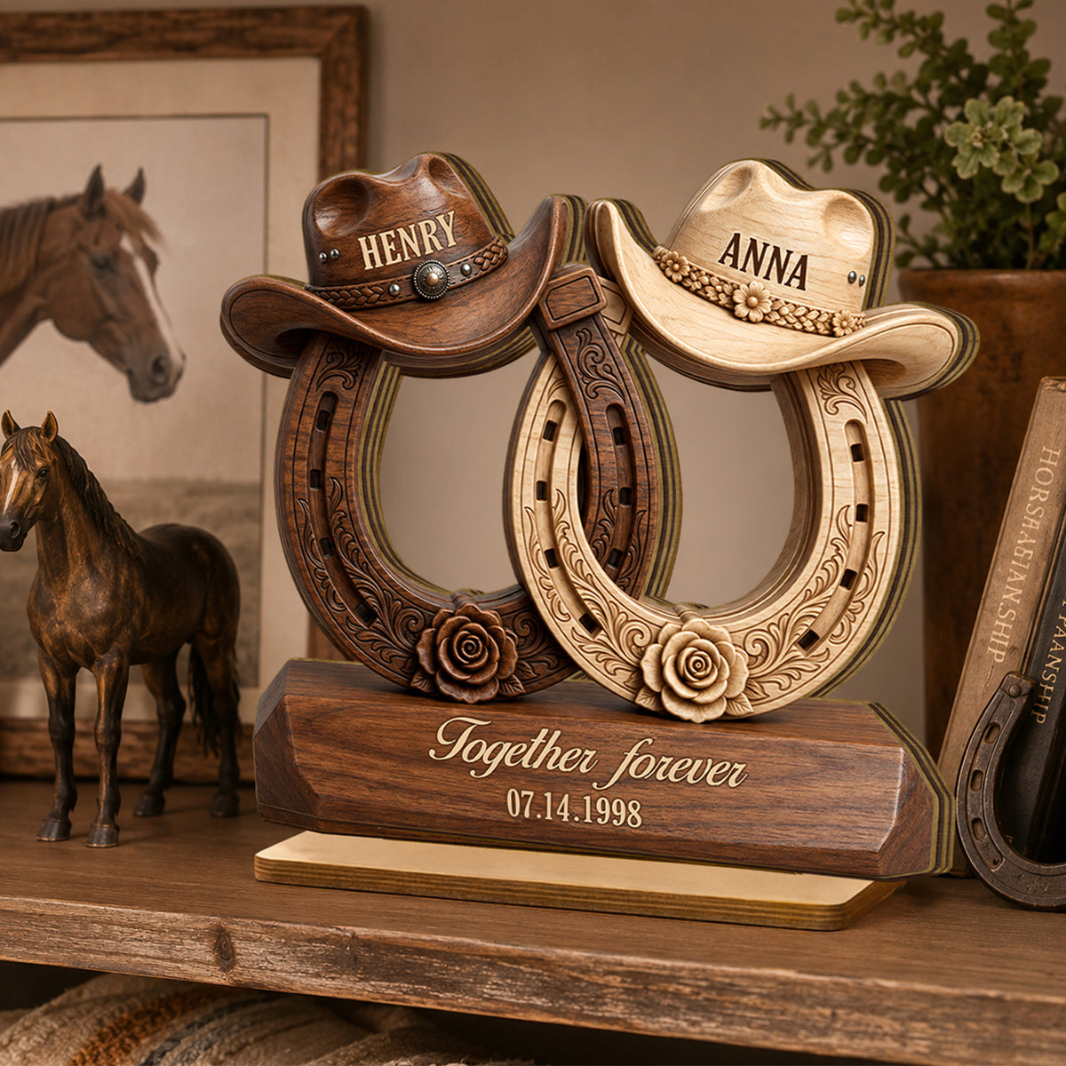 Couple Cowboy Hat Horseshoe - Personalized 2-Layered Wooden Plaque - Wedding, Anniversary Gift for Her, for Him