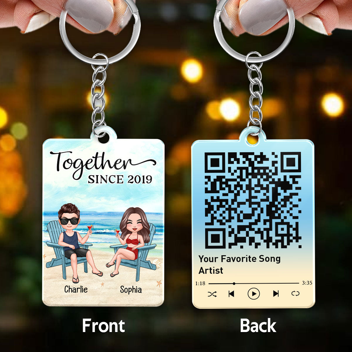 Doll Couple Sitting At Beach Favorite Song Scannable QR Code Personalized Acrylic Keychain