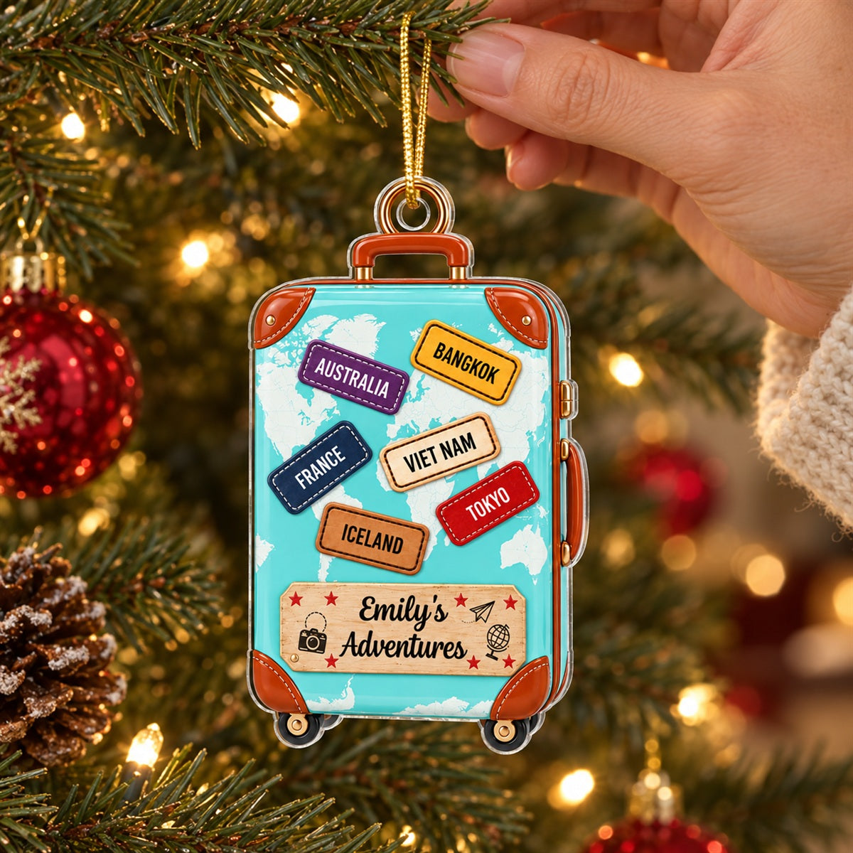 Suitcase Travel World Map 2D Flat Printed - Personalized Acrylic Ornament - Christmas Keepsake Ornament