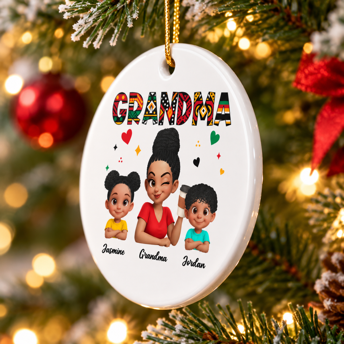 Tribal Pattern Grandma Grandkids Love - Personalized Circle Ornament - Gift For Grandma