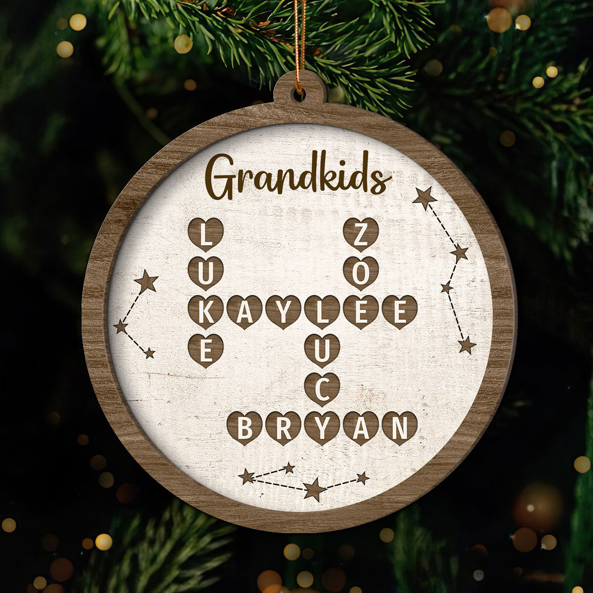 Grandkids Family Heart Crossword Art Puzzle Personalized 2-Layer Wooden Ornament