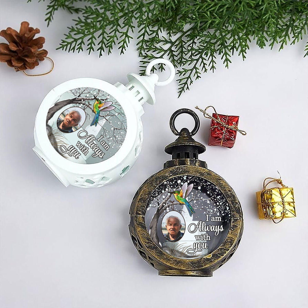 Hummingbird Always With You Blossom Tree Memorial Custom Photo Personalized Lantern Ornament, Remembrance Gif