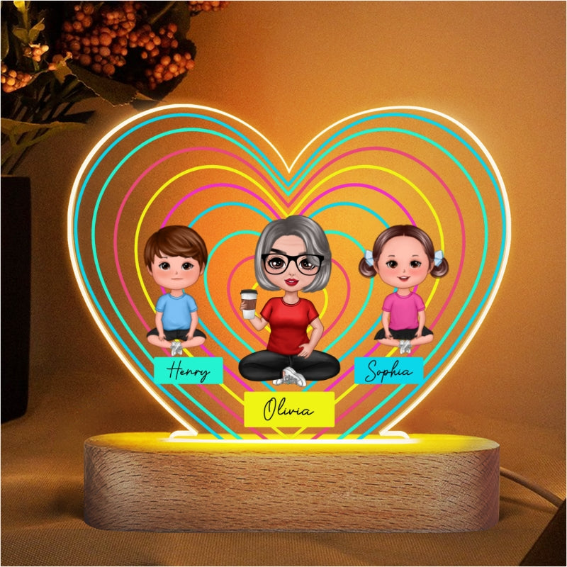 Hearts Outline Doll Grandma Mom And Grandkids Sitting Personalized Heart Acrylic Plaque LED Night Light