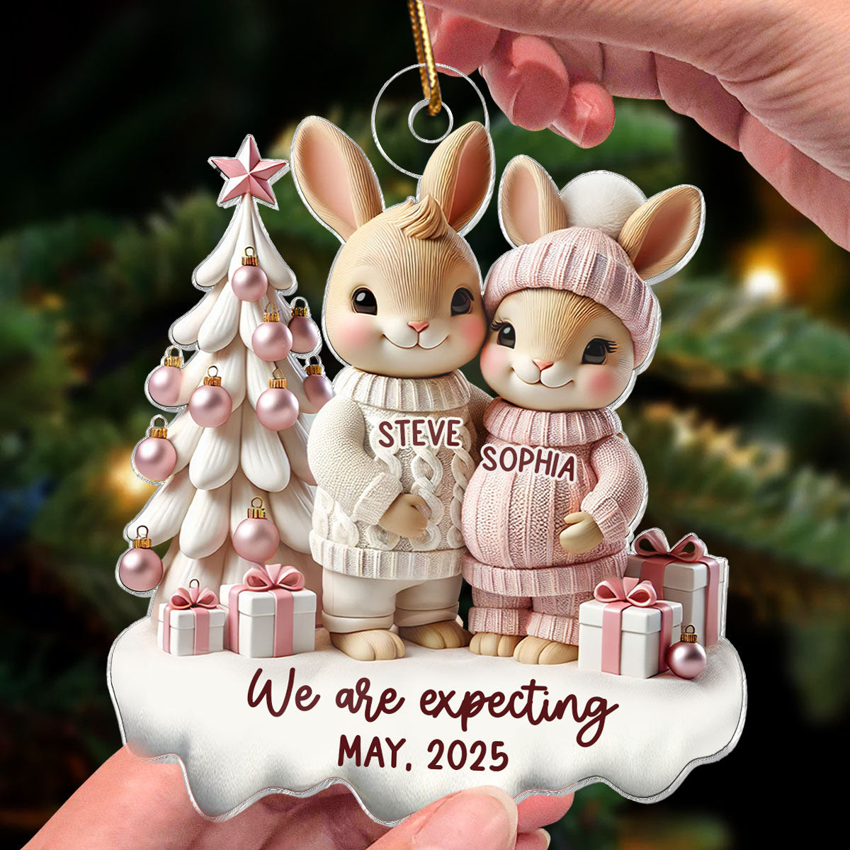 3D Effect Bunny Couple Pregnant Expecting New Baby Christmas Personalized Acrylic Ornament, Pregnancy Announcement Keepsake