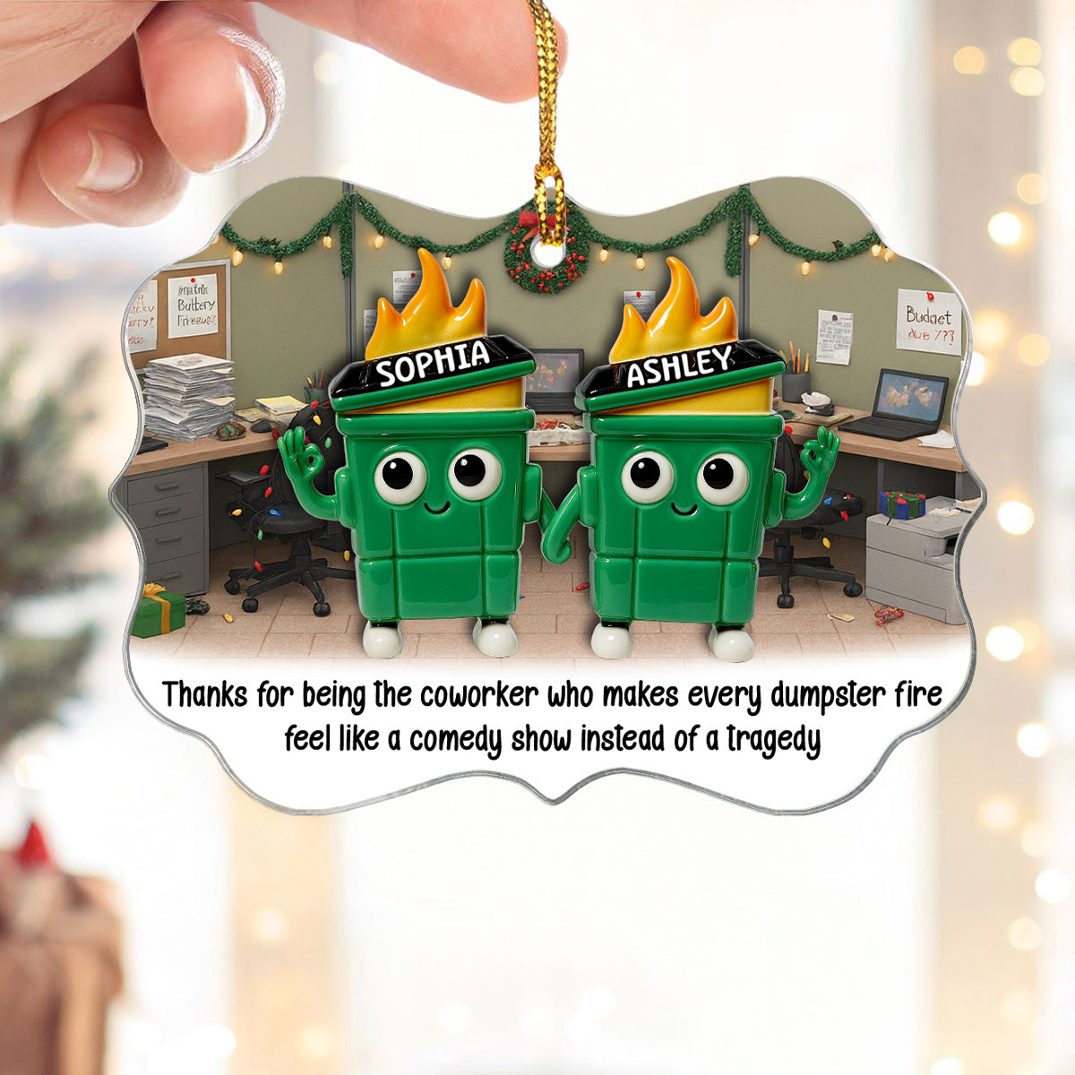 Thank You Work Besties 3D Effect Dumpster Fires - Personalized Acrylic Ornament - Funny Gift For Colleagues, Work Besties