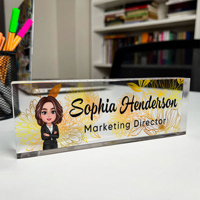 Floral Line Art Woman Man Office Personalized Desk Name Plate| Unique Gift For Colleagues, Boss