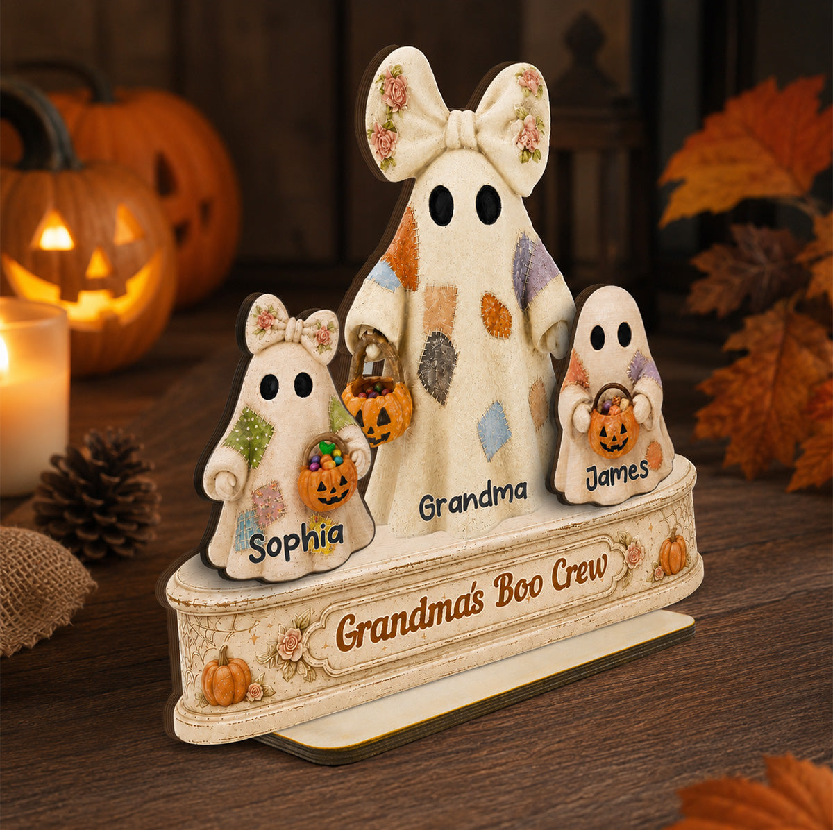 Grandma's Boo Crew Patchwork Style Ghosts 2D Flat - Personalized 2-Layered Wooden Plaque - Fall Season Halloween Decor For Grandma
