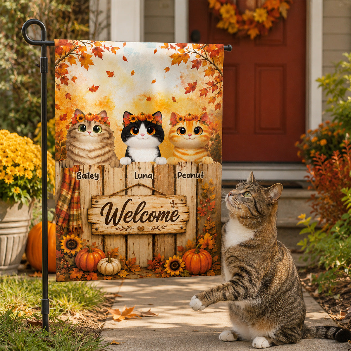 Cozy Fall Welcome Cats Peeking On Fence - Personalized Garden Flag - Fall Season Decoration