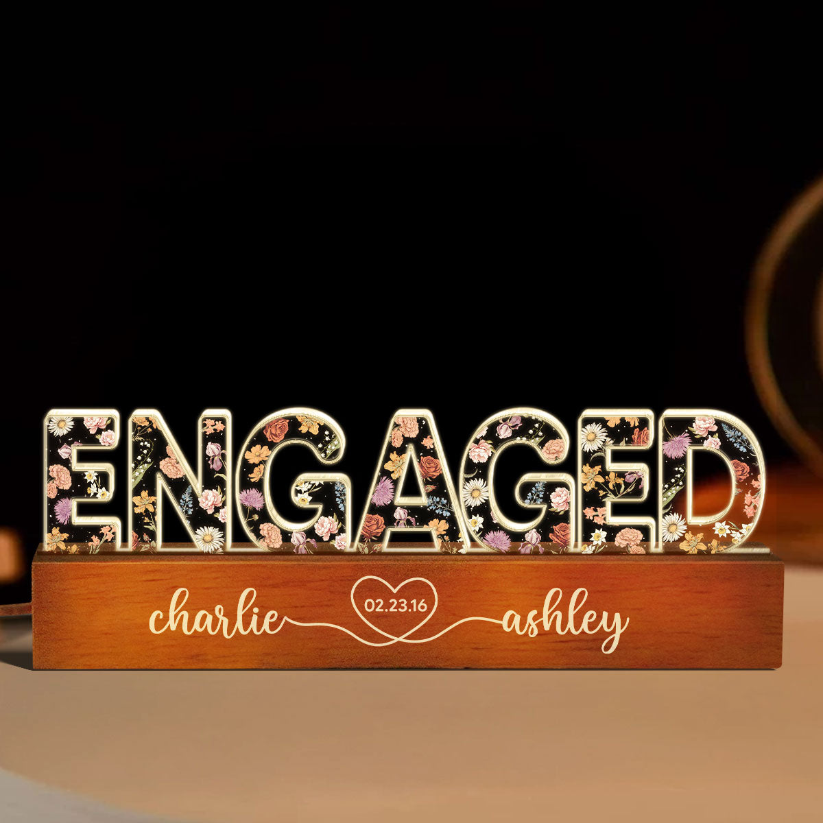 Personalized Couple Engagement Floral Theme Anniversary Gift Acrylic Block LED Night Light, Heartfelt 2025  Gift, For Him, For Her, For Husband, For Wife